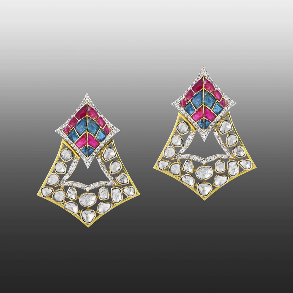 Geometric Polki Earrings with Pink and Blue Talafs
